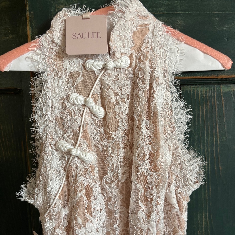 Sau Lee White Lace Halter Gown